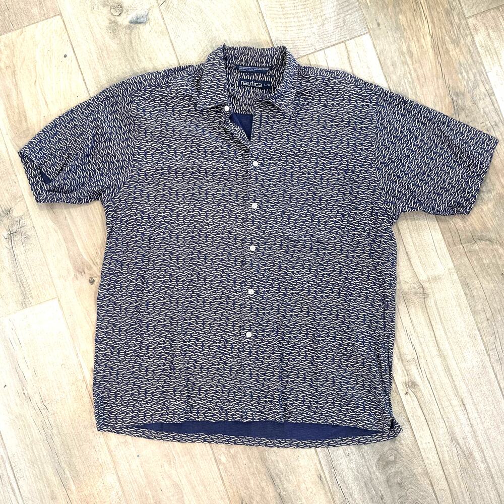 Vintage Nautica Blue Short Sleeve Button Down Shirt Mens Size Large